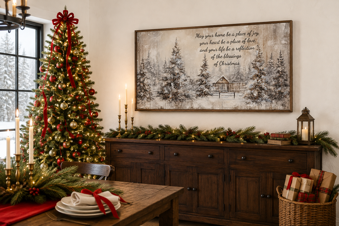 Rustic farmhouse Christmas wall art with a winter scene and holiday blessing above a wooden buffet.