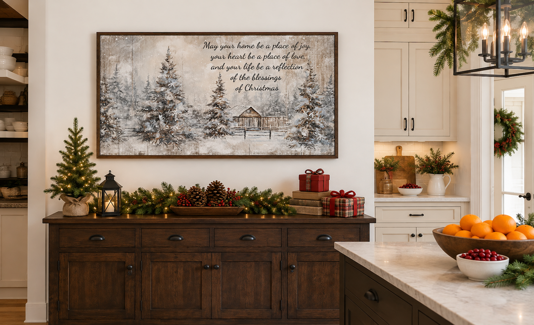 Farmhouse Christmas Eve wall art with a snowy winter scene and a holiday blessing over a sideboard.