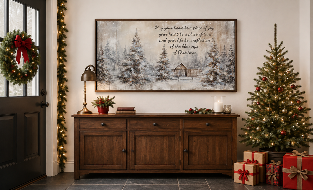 Rustic farmhouse Christmas Eve sign with a winter scene and blessing above a wooden sideboard.