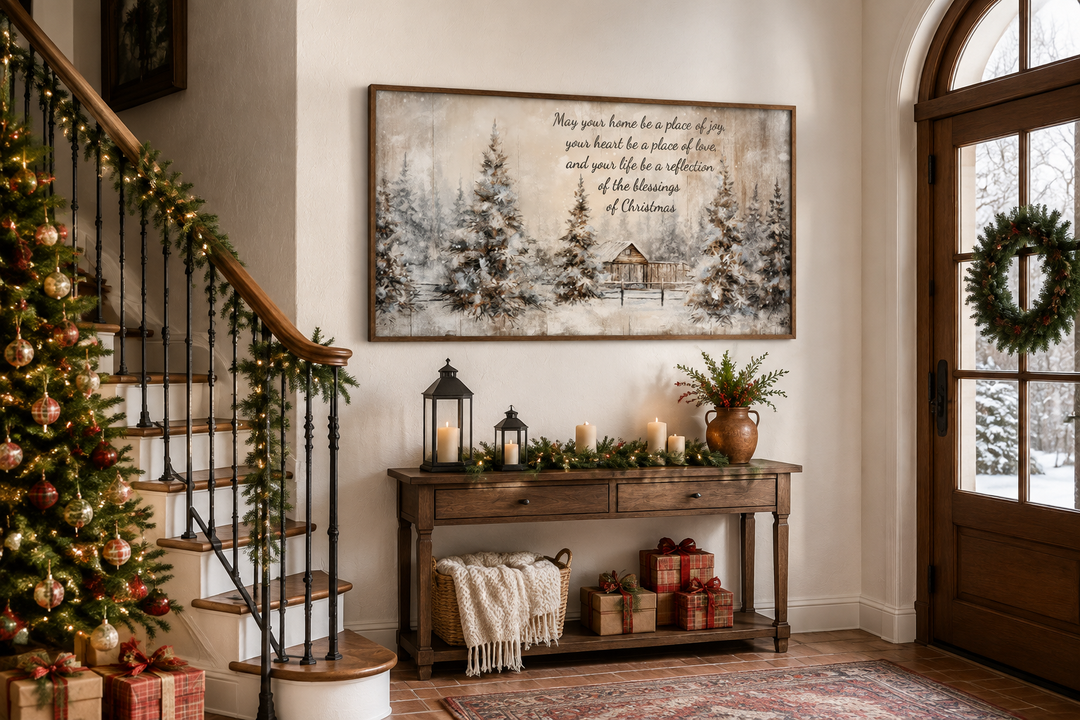 Rustic farmhouse Christmas Eve sign with a snowy winter scene and holiday blessing on a wall.