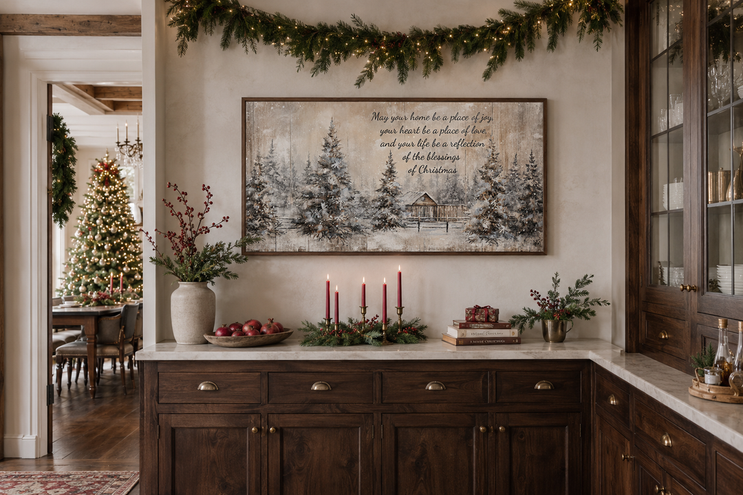 Farmhouse Christmas Eve sign with a winter scene and blessing above a rustic wooden sideboard.