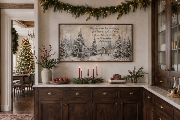 Farmhouse Christmas Eve sign with a winter scene and blessing above a rustic wooden sideboard.