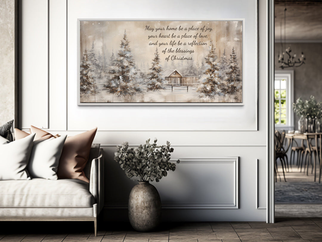 Farmhouse Christmas Eve sign canvas wall art with a snowy winter scene and holiday blessing.