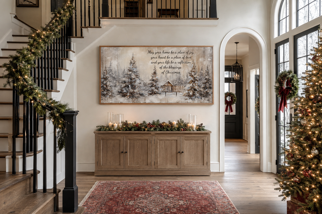 Farmhouse Christmas Eve sign with a snowy winter scene and blessing above a wooden entryway console.