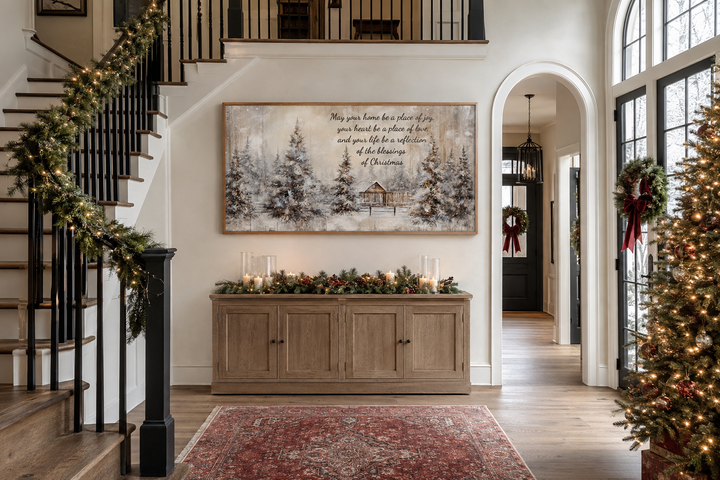 Farmhouse Christmas Eve sign with a snowy winter scene and blessing above a wooden entryway console.