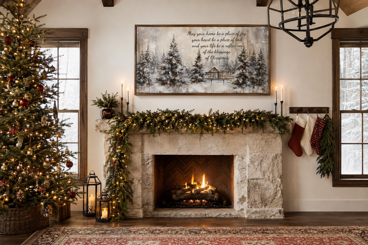 Farmhouse Christmas Eve Sign canvas wall art with a winter scene and blessing above a fireplace.