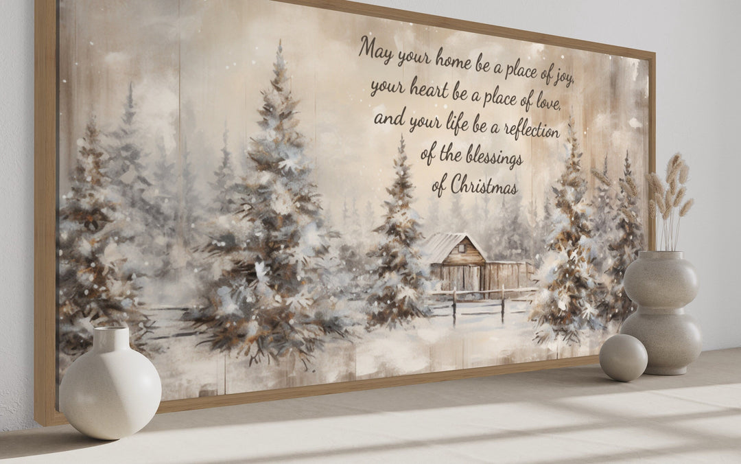Rustic farmhouse Christmas wall art with a snowy tree scene and a heartwarming holiday blessing.