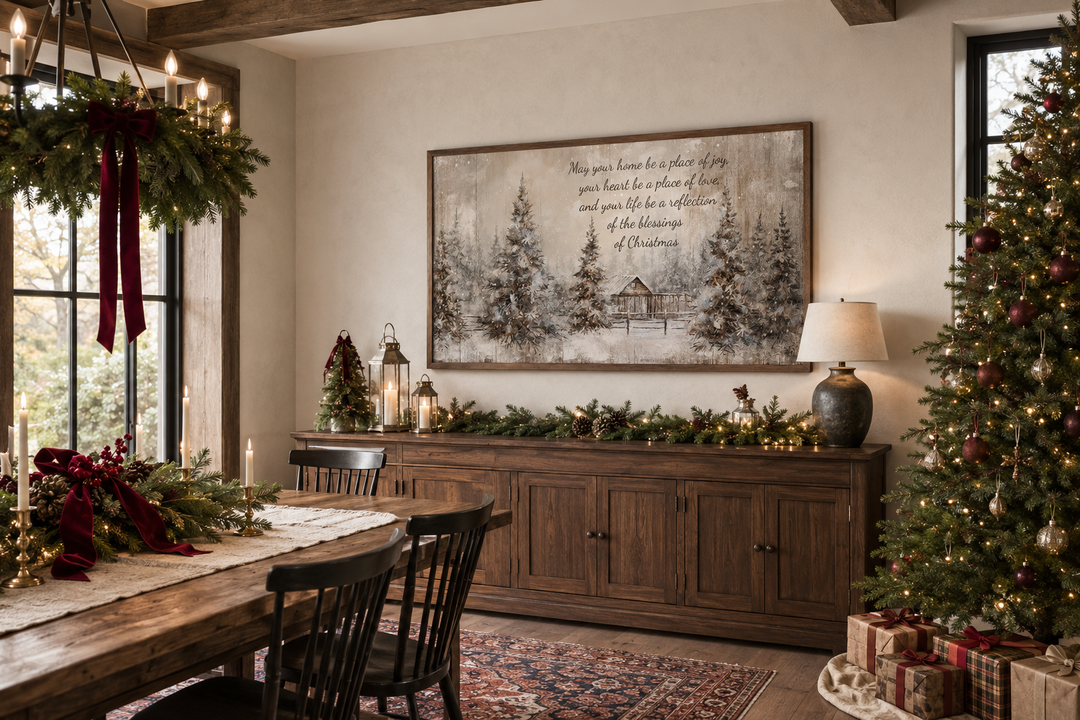 Rustic farmhouse Christmas Eve canvas wall art featuring a snowy winter scene and holiday blessing.