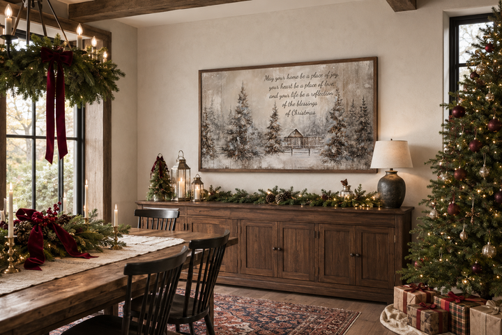 Rustic farmhouse Christmas Eve canvas wall art featuring a snowy winter scene and holiday blessing.