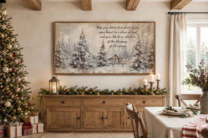 Farmhouse Christmas Eve sign with a rustic winter scene and blessing over a wooden sideboard.