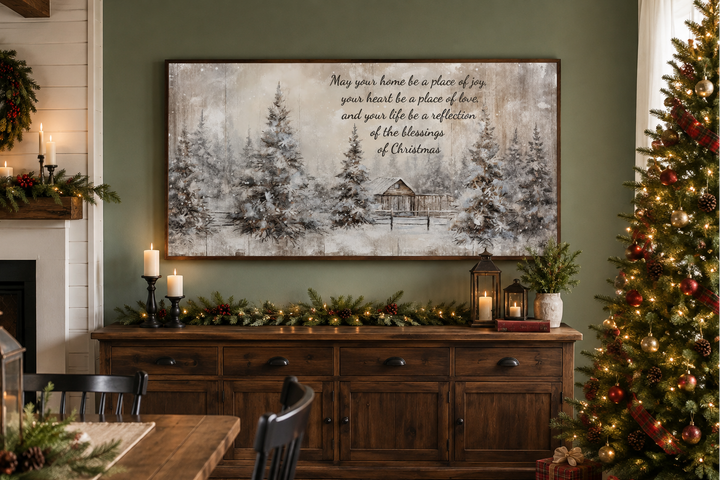 Farmhouse Christmas Eve sign with a snowy winter scene and blessing above a rustic wooden sideboard.