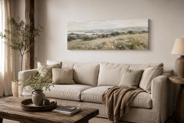Farmhouse grass field wall art, a long horizontal canvas landscape in neutral beige and sage tones.