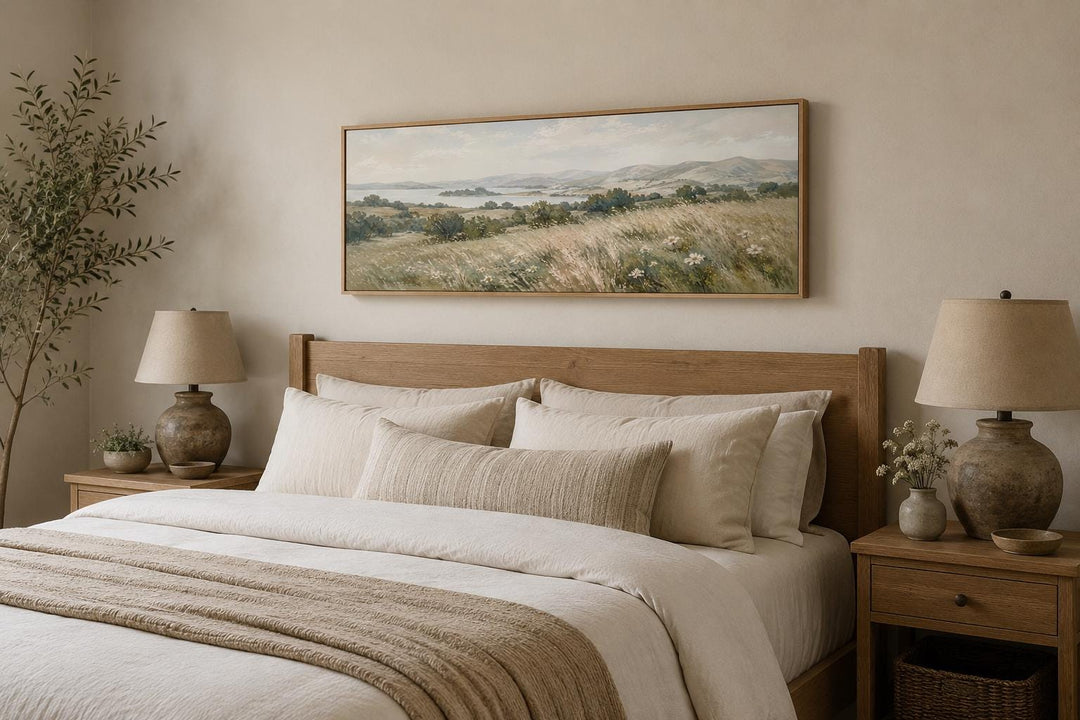 Long horizontal canvas of a neutral farmhouse grass field landscape above a wooden bed frame.
