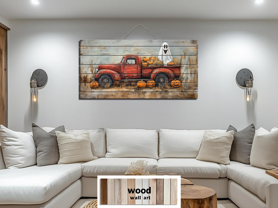 Farmhouse Halloween Ghost In Red Truck With Pumpkins Distressed Wood Wall Art