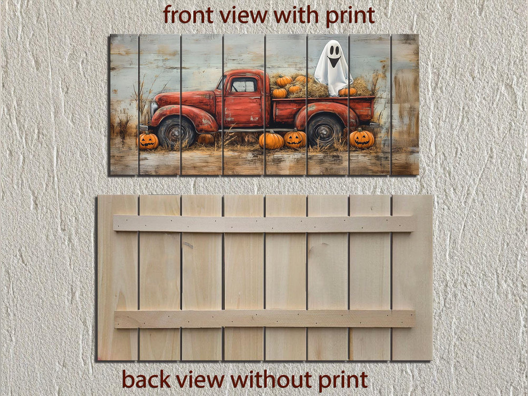 Farmhouse Halloween Ghost In Red Truck With Pumpkins Distressed Wood Wall Art