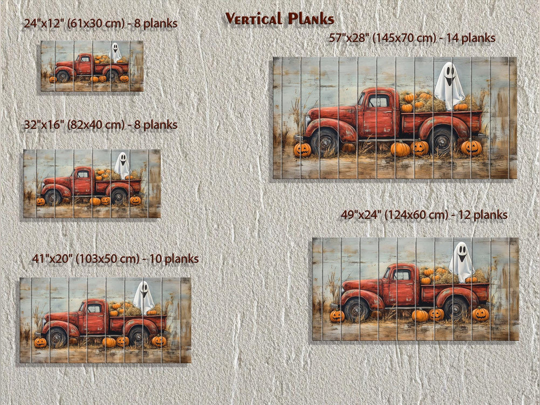 Farmhouse Halloween Ghost In Red Truck With Pumpkins Distressed Wood Wall Art