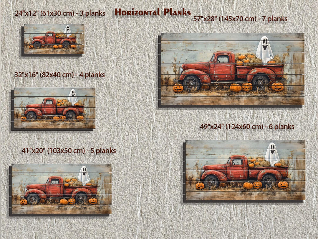 Farmhouse Halloween Ghost In Red Truck With Pumpkins Distressed Wood Wall Art