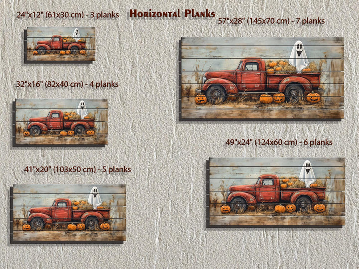 Farmhouse Halloween Ghost In Red Truck With Pumpkins Distressed Wood Wall Art