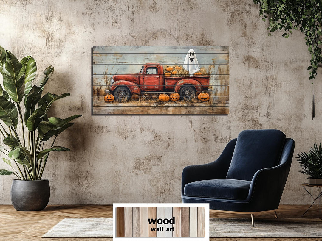 Farmhouse Halloween Ghost In Red Truck With Pumpkins Distressed Wood Wall Art