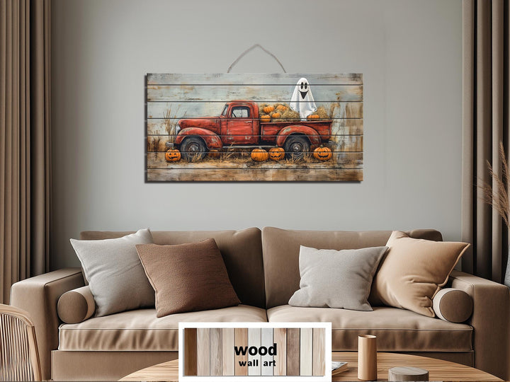 Farmhouse Halloween Ghost In Red Truck With Pumpkins Distressed Wood Wall Art