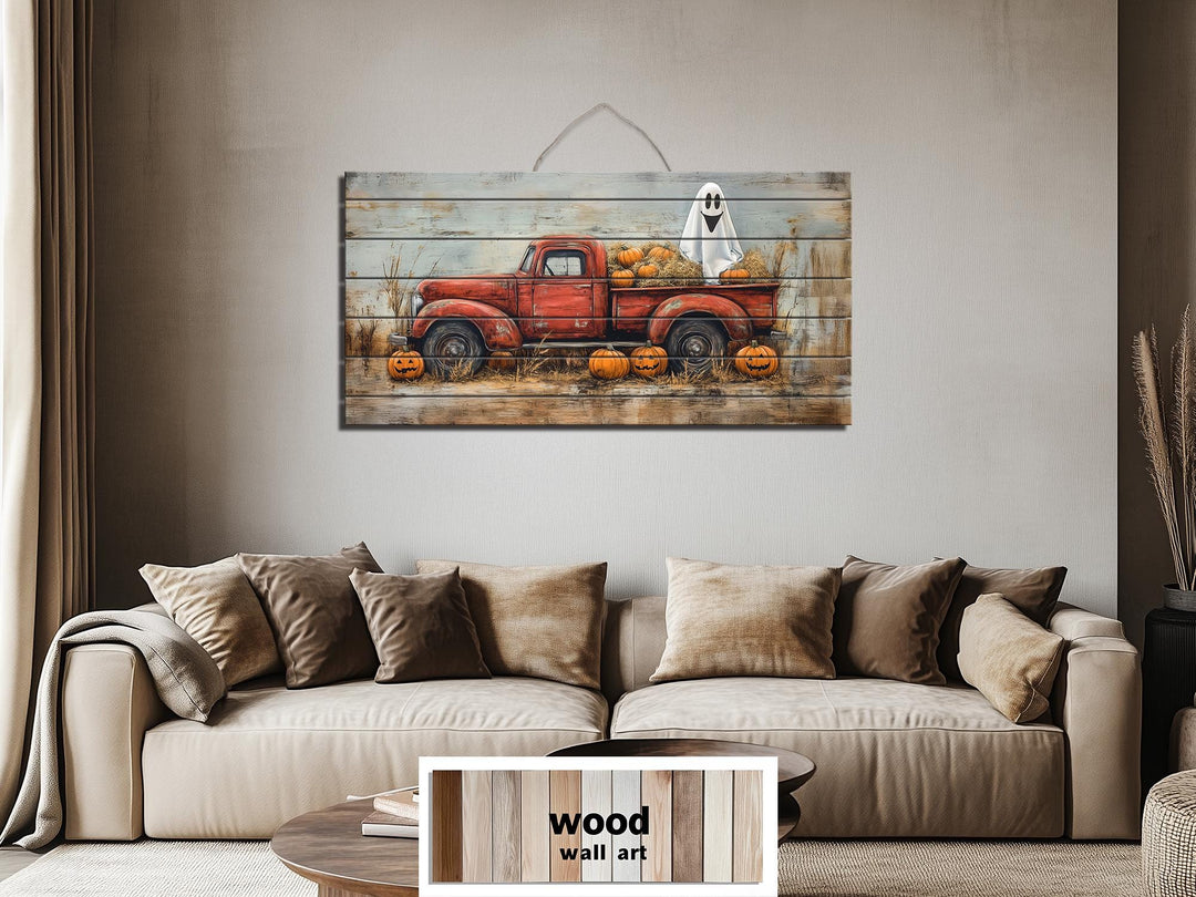Farmhouse Halloween Ghost In Red Truck With Pumpkins Distressed Wood Wall Art