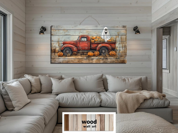 Farmhouse Halloween Ghost In Red Truck With Pumpkins Distressed Wood Wall Art