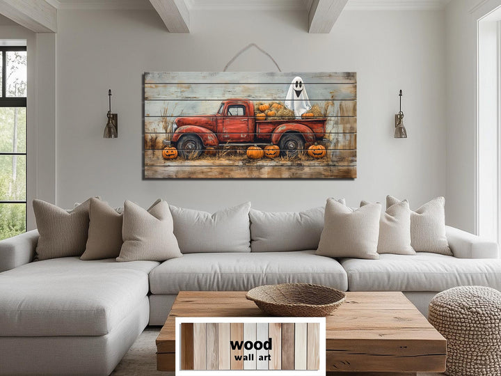 Farmhouse Halloween Ghost In Red Truck With Pumpkins Distressed Wood Wall Art
