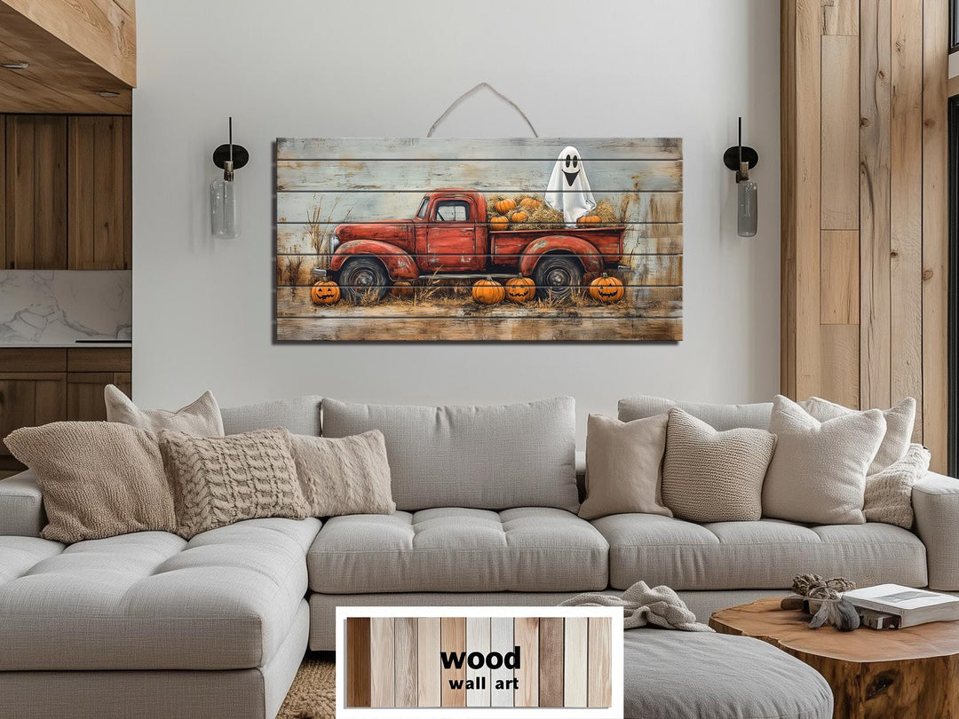 Farmhouse Halloween Ghost In Red Truck With Pumpkins Distressed Wood Wall Art