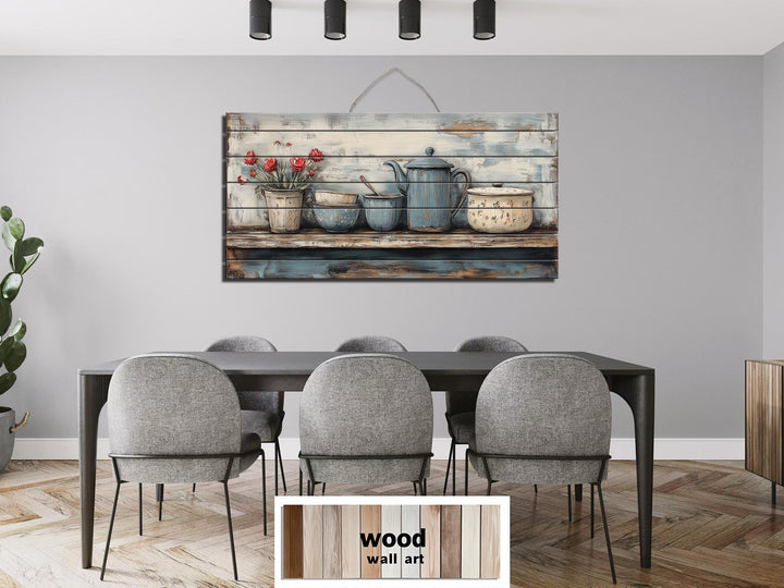Farmhouse Kitchen Shelf With Kitchenware Distressed Wood Wall Art