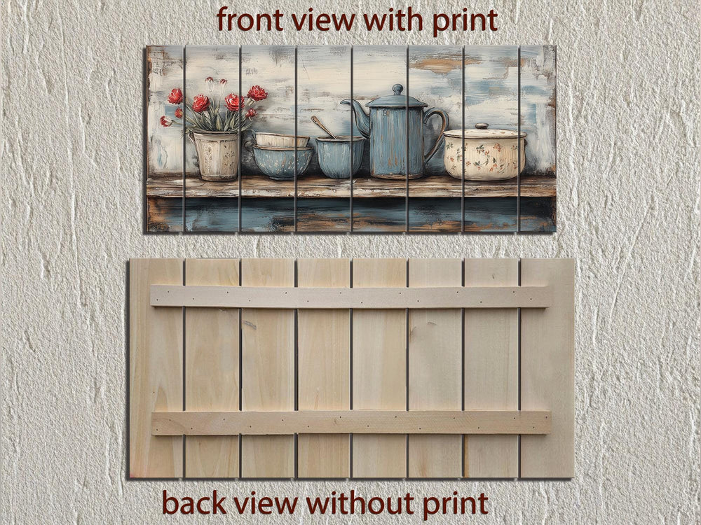 Farmhouse Kitchen Shelf With Kitchenware Distressed Wood Wall Art