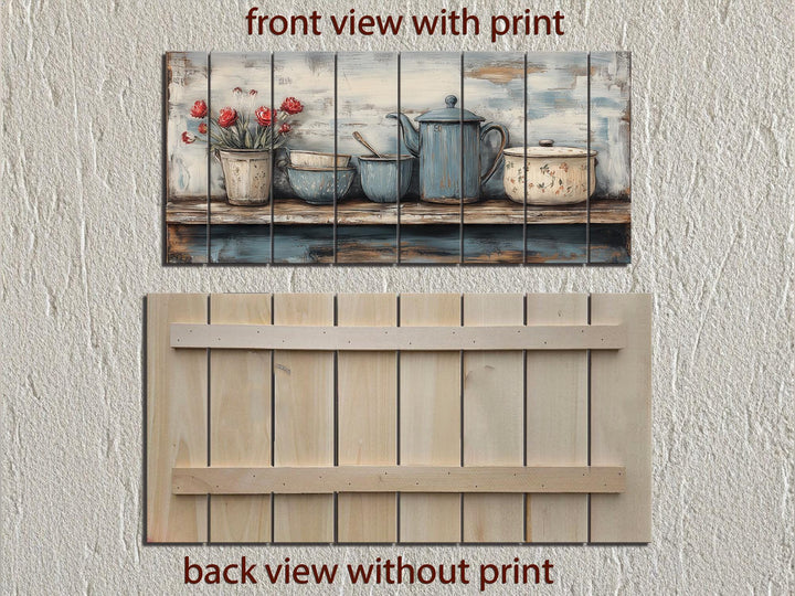 Farmhouse Kitchen Shelf With Kitchenware Distressed Wood Wall Art