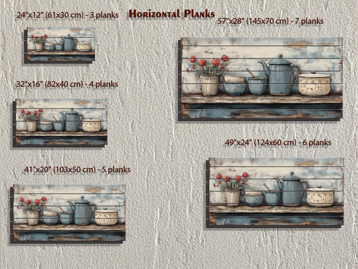 Farmhouse Kitchen Shelf With Kitchenware Distressed Wood Wall Art