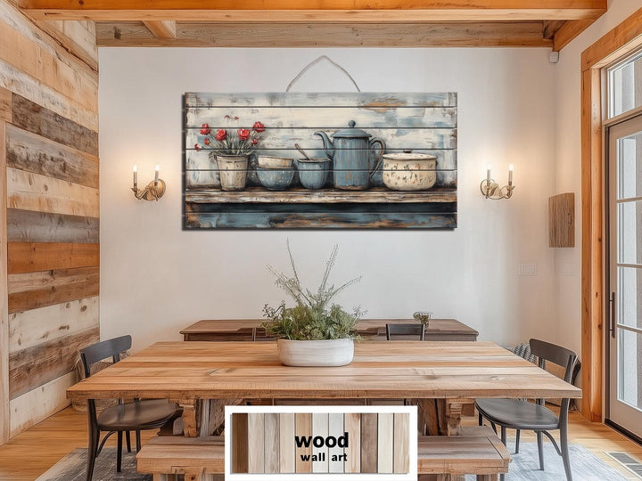 Farmhouse Kitchen Shelf With Kitchenware Distressed Wood Wall Art