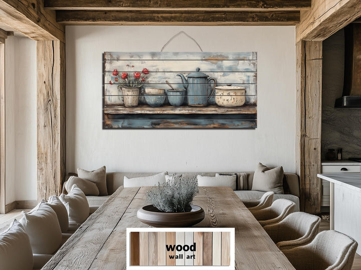 Farmhouse Kitchen Shelf With Kitchenware Distressed Wood Wall Art