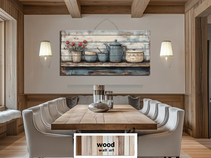 Farmhouse Kitchen Shelf With Kitchenware Distressed Wood Wall Art