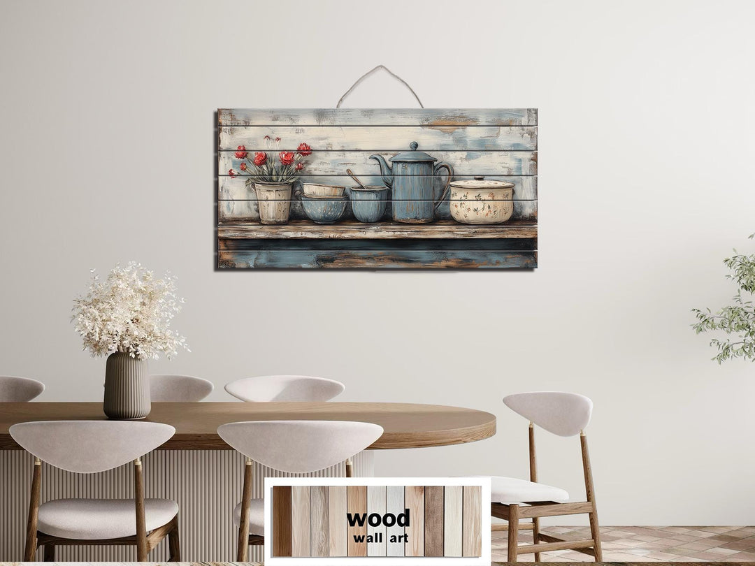Farmhouse Kitchen Shelf With Kitchenware Distressed Wood Wall Art