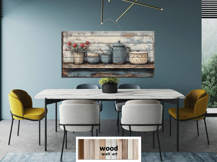 Farmhouse Kitchen Shelf With Kitchenware Distressed Wood Wall Art