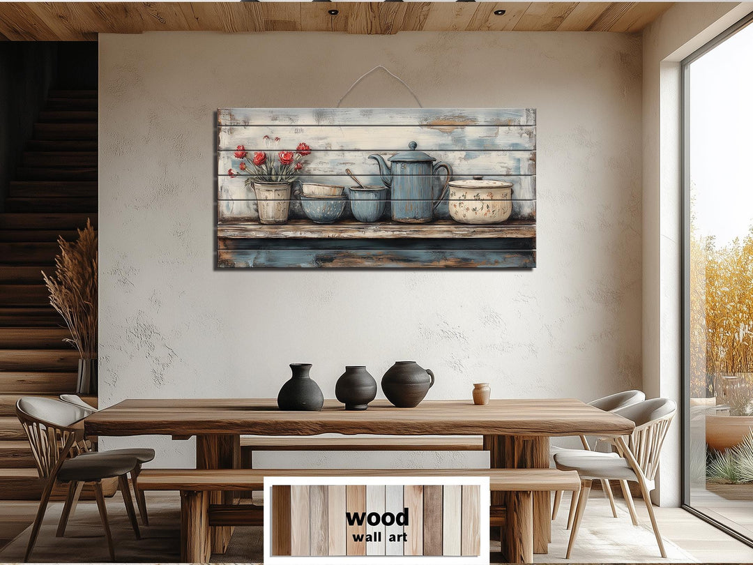 Farmhouse Kitchen Shelf With Kitchenware Distressed Wood Wall Art