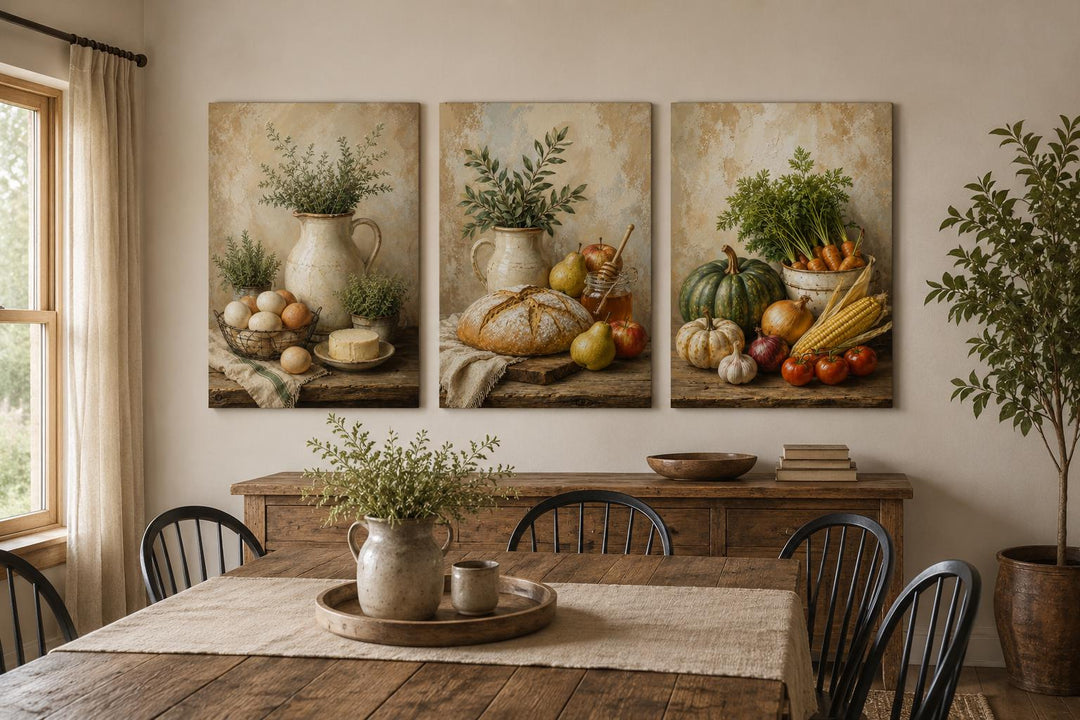 Farmhouse Kitchen Wall Art - Rustic Bread & Vegetables Still Life Canvas Set