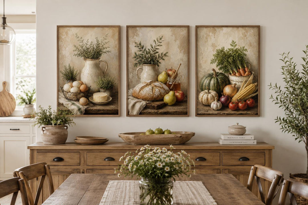 Farmhouse Kitchen Wall Art - Rustic Bread & Vegetables Still Life Canvas Set