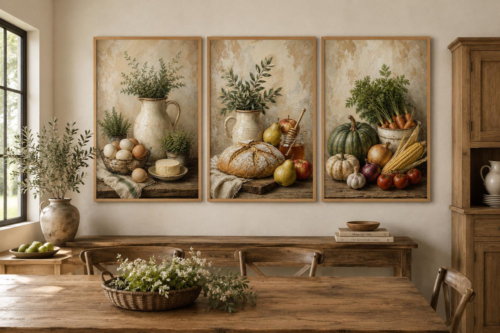 Farmhouse Kitchen Wall Art - Rustic Bread & Vegetables Still Life Canvas Set