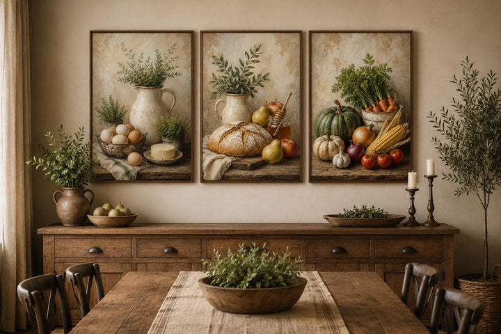 Farmhouse Kitchen Wall Art - Rustic Bread & Vegetables Still Life Canvas Set