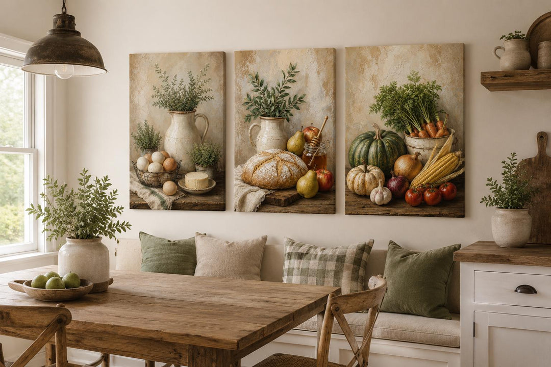Farmhouse Kitchen Wall Art - Rustic Bread & Vegetables Still Life Canvas Set
