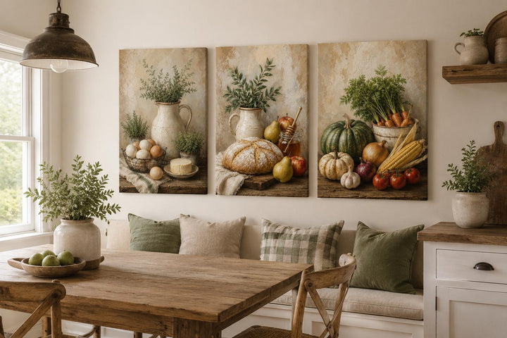 Farmhouse Kitchen Wall Art - Rustic Bread & Vegetables Still Life Canvas Set