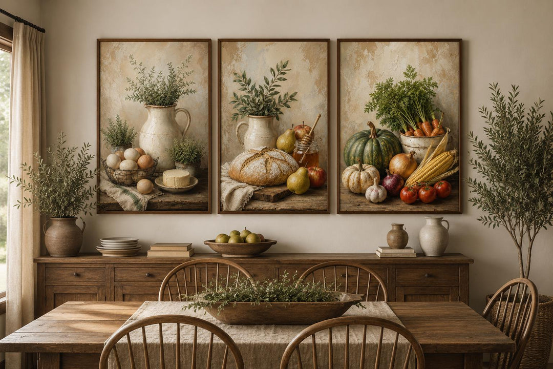 Farmhouse Kitchen Wall Art - Rustic Bread & Vegetables Still Life Canvas Set