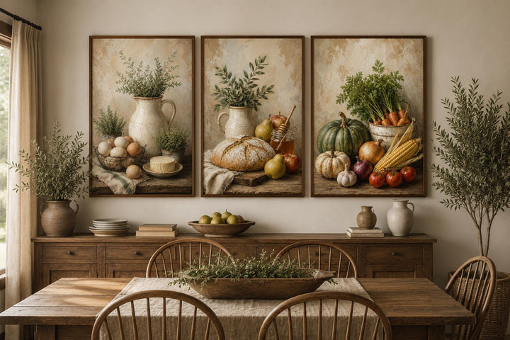 Farmhouse Kitchen Wall Art - Rustic Bread & Vegetables Still Life Canvas Set