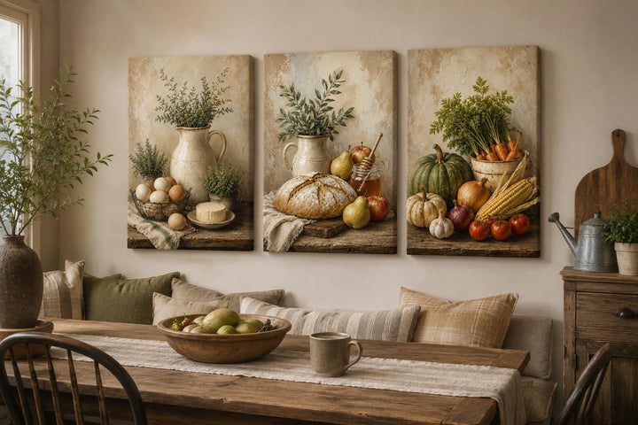 Farmhouse Kitchen Wall Art - Rustic Bread & Vegetables Still Life Canvas Set