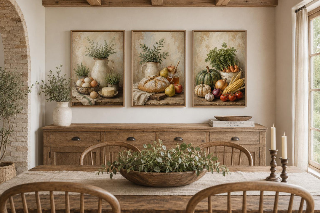 Farmhouse Kitchen Wall Art - Rustic Bread & Vegetables Still Life Canvas Set