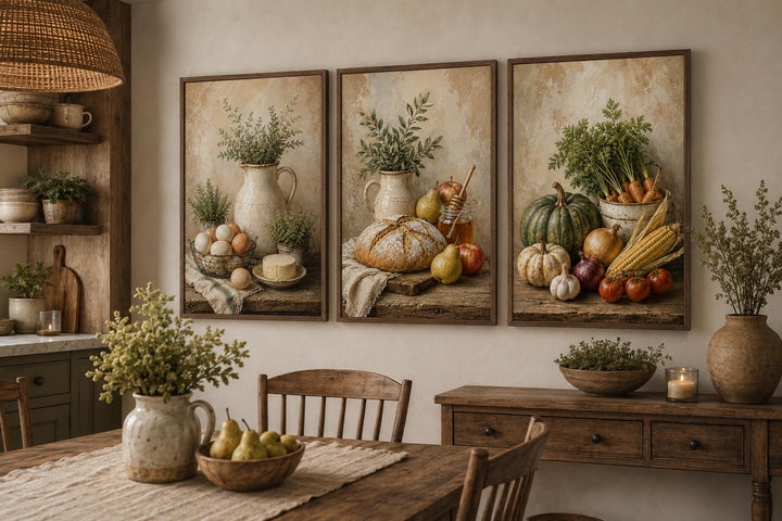 Farmhouse Kitchen Wall Art - Rustic Bread & Vegetables Still Life Canvas Set