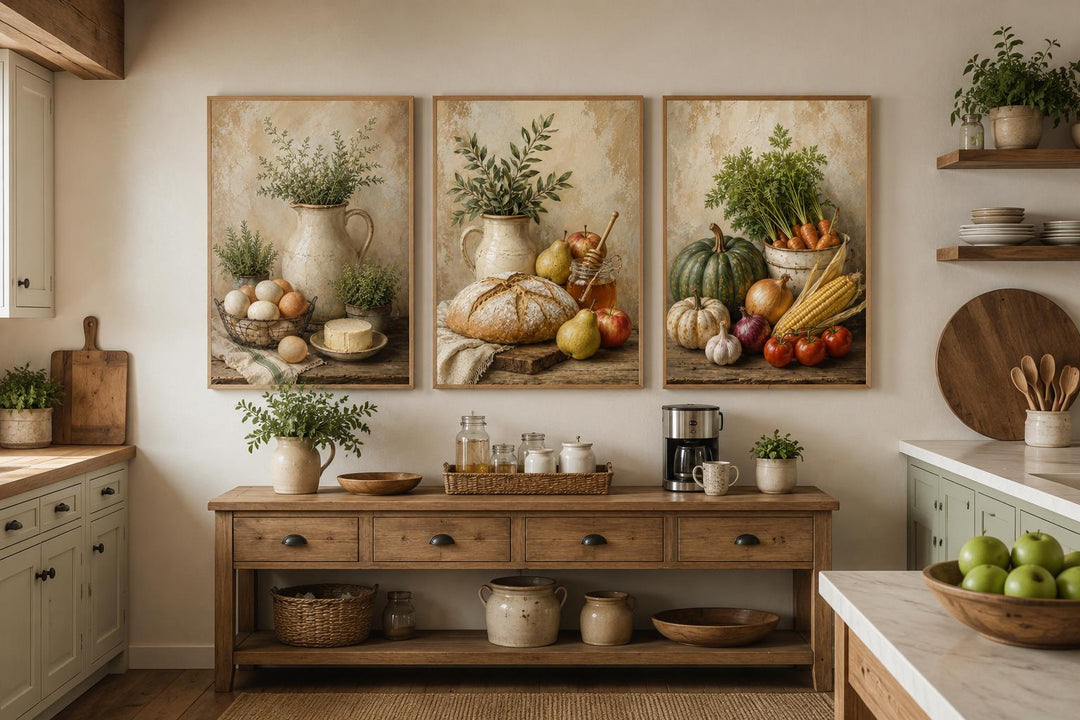 Farmhouse Kitchen Wall Art - Rustic Bread & Vegetables Still Life Canvas Set
